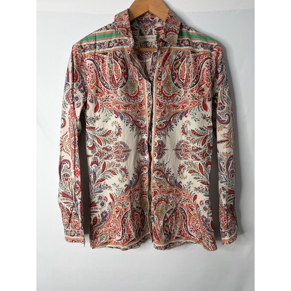 Etro Milano Button Down Shirt Sz 44 Paisley Print Cotton Stretch Cream Red Italy